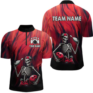 Black & Red Bowling Team Shirt Custom Skull Quarter-Zip Bowling Jersey for Men Women QZT605