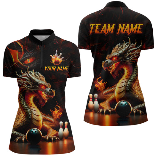 Orange & Black Flame Dragon Bowling Ball Pins Custom Bowling Quarter-Zip Shirt Bowling Team Jersey QZT667