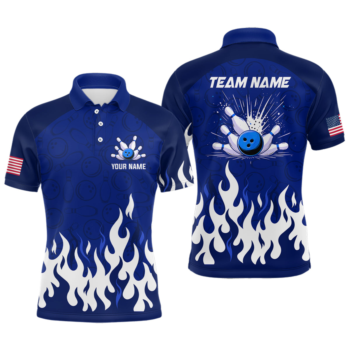 Navy Bowling Shirt Unisex Flame Bowling Jersey Men Polo Bowling Shirt QZT272