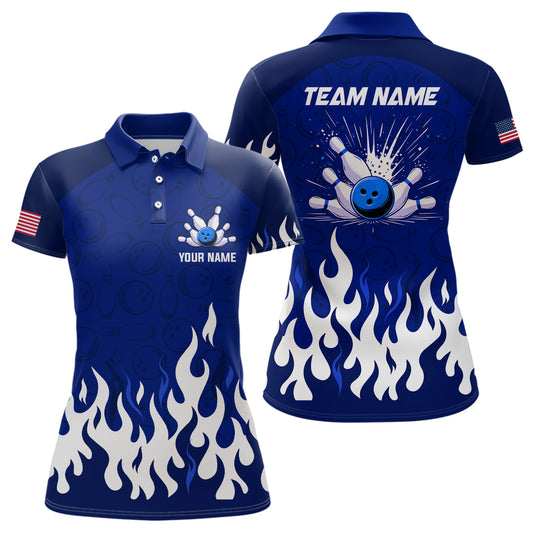 Navy Bowling Shirt Unisex Flame Bowling Jersey Women Polo Bowling Shirt QZT272