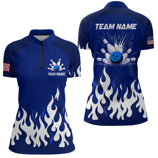 Navy Bowling Shirt Unisex Flame Bowling Jersey Women Quarter Zip Bowling Shirt QZT272