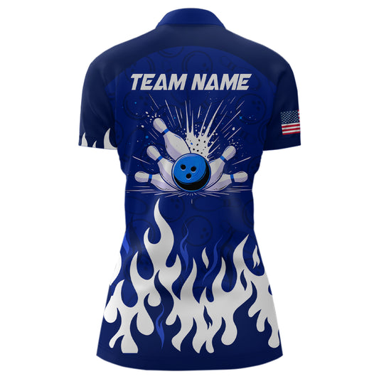 Navy Bowling Shirt Unisex Flame Bowling Jersey Women Quarter Zip Bowling Shirt QZT272