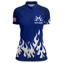 Load image into Gallery viewer, Navy Bowling Shirt Unisex Flame Bowling Jersey Women Quarter Zip Bowling Shirt QZT272