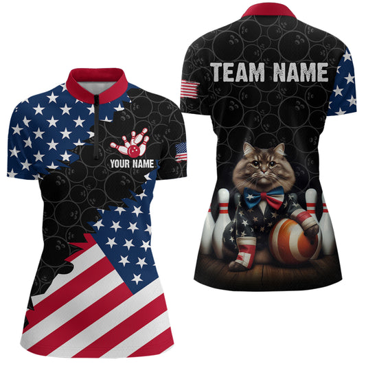 Personalized Patriotic Cat Bowling Shirt Quarter-Zip American Bowling Jersey for Men Women QZT673