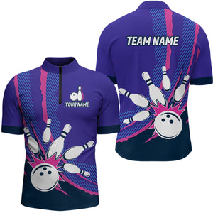 Custom Camo Pink & Purple Bowling Shirt Unisex Men Bowling Team Jersey Quarter Zip  QZT508