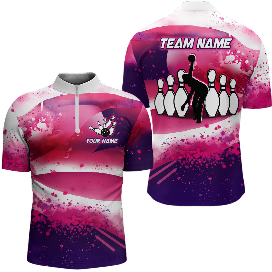 Camo Pink & White Bowling Shirts for Men Bowlwing Team Jersey Quarter Zip League QZT471