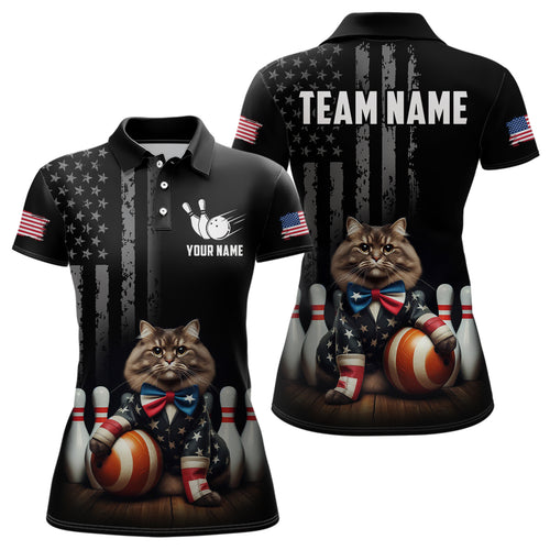 Personalized US Bowling Shirt Women Patriotic Cat Bowling Jerseys Polo Bowling Gifts QZT513