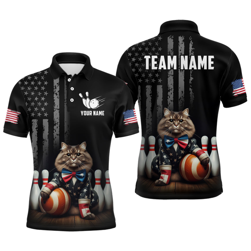 Personalized US Bowling Shirt Men Patriotic Cat Bowling Jerseys Polo Bowling Gifts QZT513