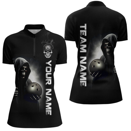Custom Skull Bowling Shirts Unisex Quarter-Zip Bowling Team Jersey Black Bowling League QZT631