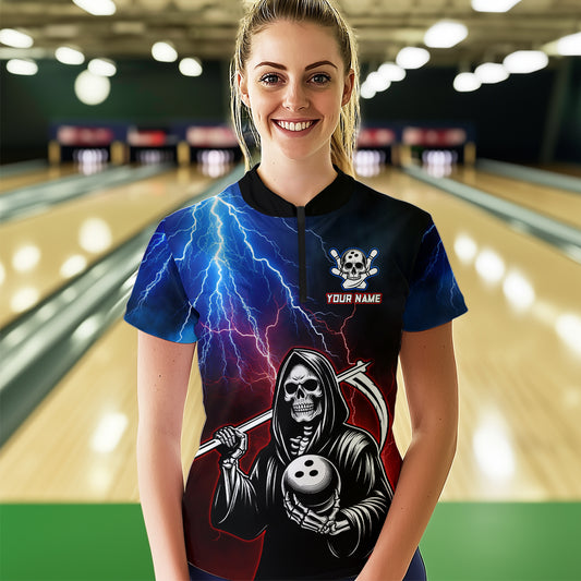 Thunder Bowling Shirt| Grim Reaper Bowling Jersey, Custom Bowling for Women, Quarter-Zip Bowling Shirt QZT405