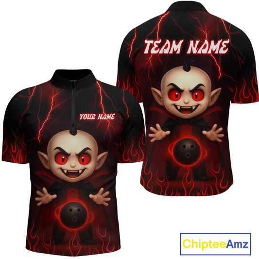 Custom Red Funny Vampire Thunder Bowling Shirt Polo & 1/4-Zip Bowling League Jersey for Men Outfit QZT753