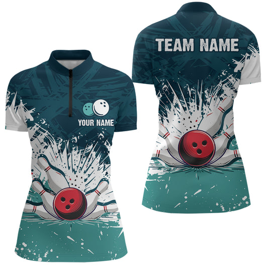 Personalized 3D Women Bowling Shirts Turquoise Quarter Zip Bowling Jersey League QZT481
