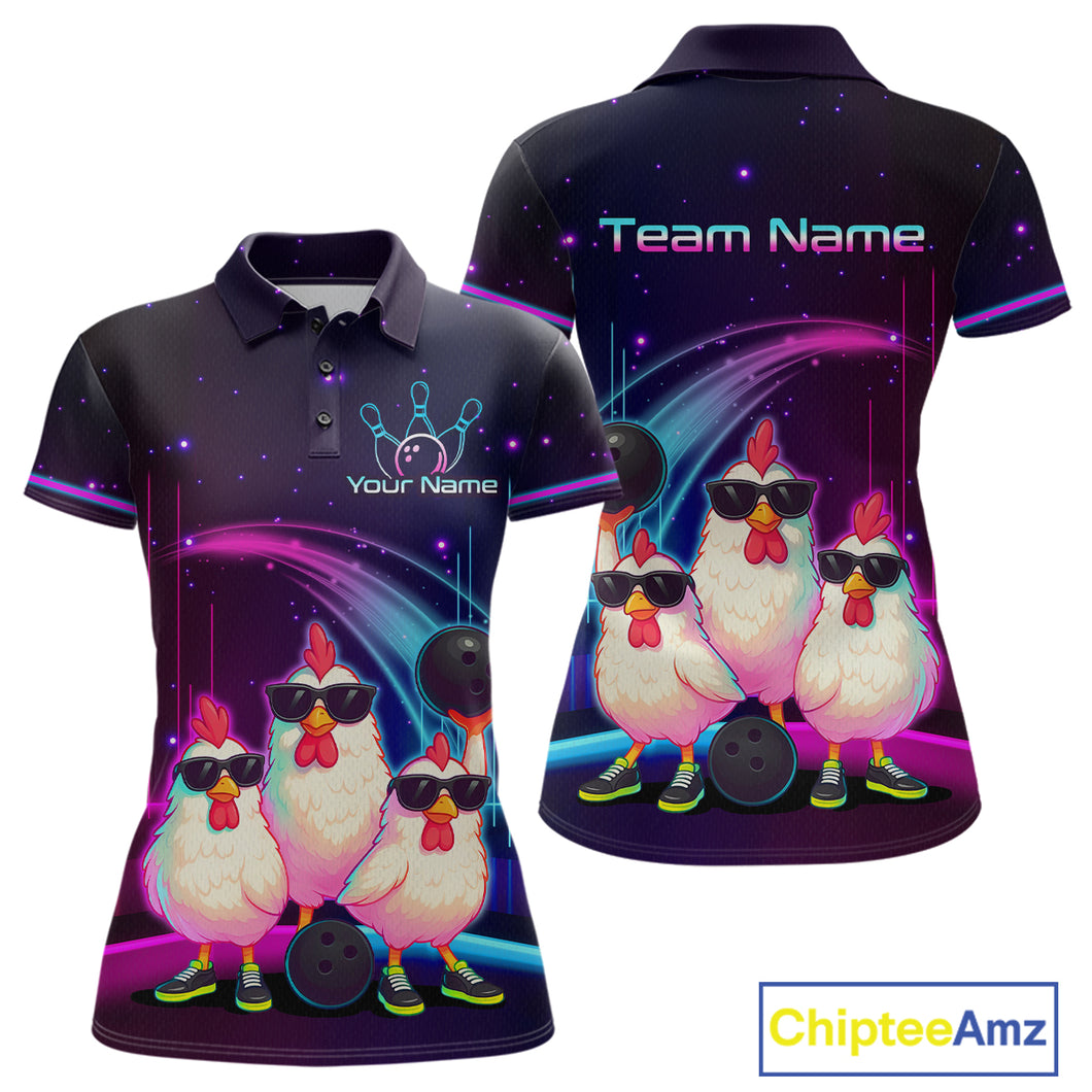Neon Funny Family of Three Chicken Bowling Team Shirt for Women Bowling League Jersey QZT761