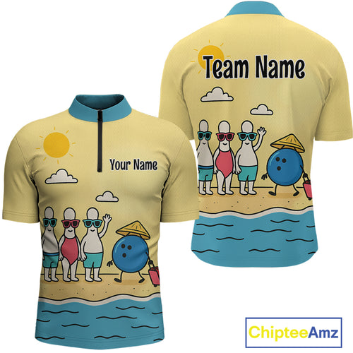 Summer Bowling Shirt Custom Quarter-Zip Bowling Jersey Funny Bowling Pins and Ball QZT695