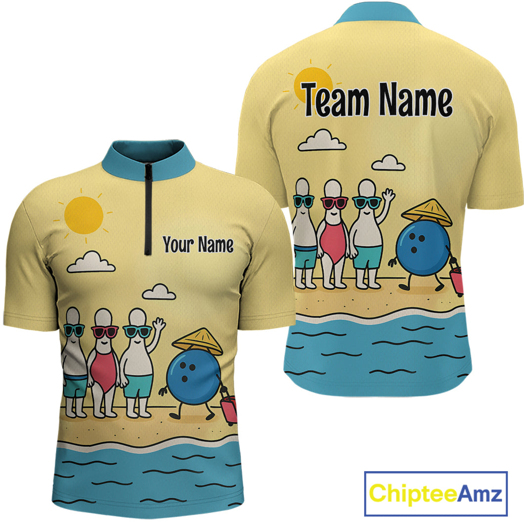 Summer Bowling Shirt Custom Quarter-Zip Bowling Jersey Funny Bowling Pins and Ball QZT695