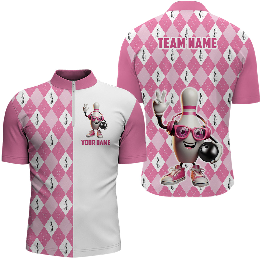 Music Bowling Team Shirts Custom Pink Bowling Jerseys for Men 1/4 Zip for Bowlers QZT454