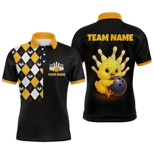 Black polo shirt with yellow and white argyle pattern on the left side and a cartoon chicken holding a bowling ball on the right side, with 'TEAM NAME' and 'YOUR NAME' text.