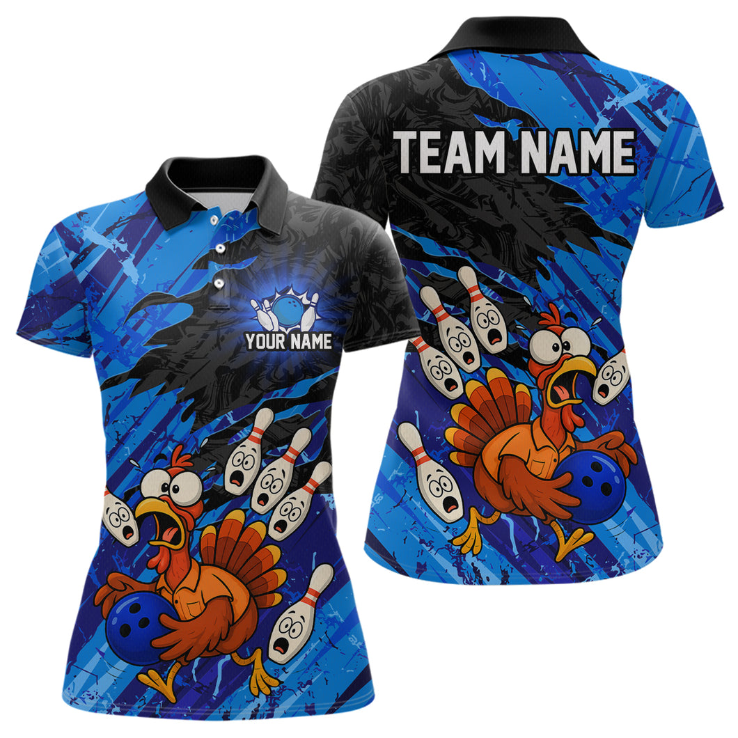 Custom Blue Turkey Bowling Shirt Funny Ball Pin League Jersey for Women Polo Outfit QZT765