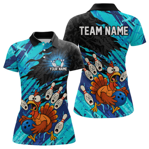 Custom Cyan Turkey Bowling Shirt Funny Ball Pin League Jersey for Women Polo Outfit QZT765