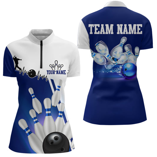 Personalized Bowling Shirts for Men and Women 1/4 Zip Bowling Team Jersey Blue & White QZT599