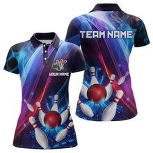 Load image into Gallery viewer, Personalized Galaxy Bowling Pins and Ball Shirt Blue &amp; Purple Neon Polo Bowling Team League QZT664