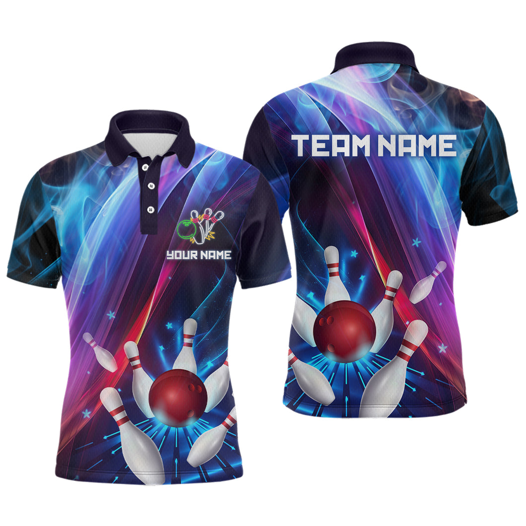 Personalized Galaxy Bowling Pins and Ball Shirt Blue & Purple Neon Polo Bowling Team League QZT664