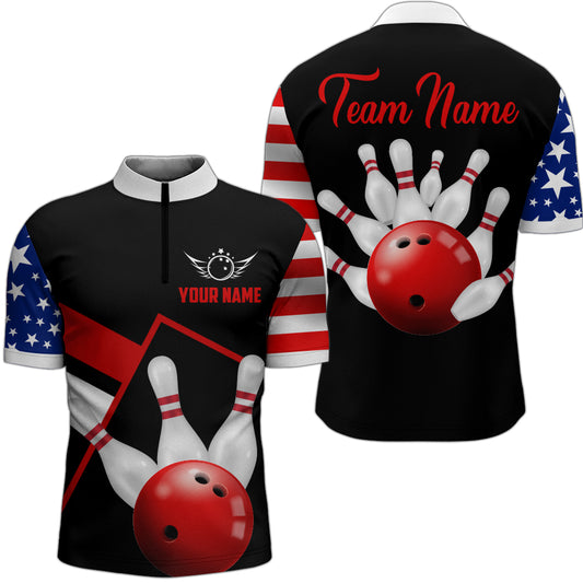 Personalized Patriotic Bowling Shirt Men Bowling Team League 1/4 Zip Shirts QZT420