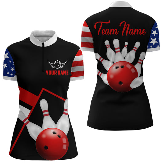 Personalized Patriotic Bowling Shirt Women Bowling Team League 1/4 Zip Shirts QZT420