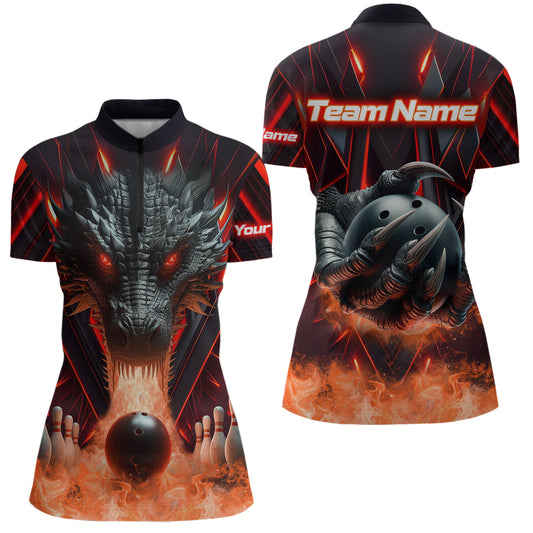Red & Black Flame Dragon Bowling Shirt 1/4-Zip Bowling Team League for Men Women Bowling Gifts QZT668