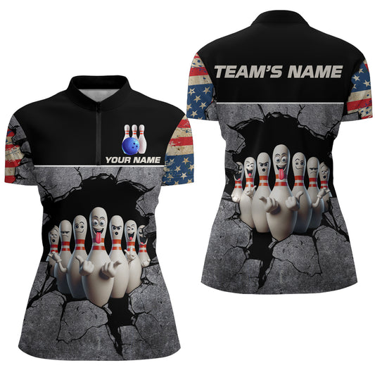 Custom US Bowling Shirts for Women Patriotic Quarter Zip Bowling League QZT462