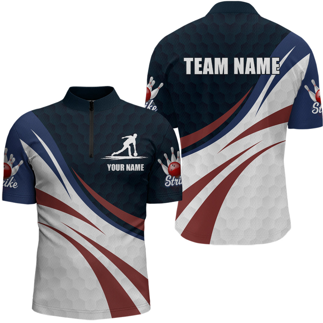 Personalized Red Blue & White Bowling Shirt Patriotic 1/4-Zip Bowling Jersey for Men & Women QZT677
