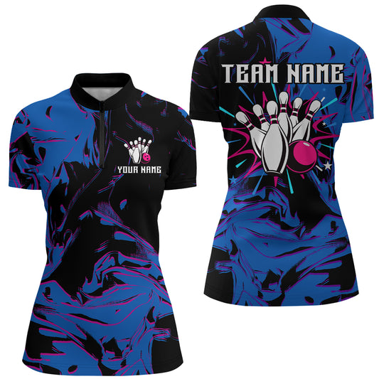 Camo Purple Bowling 1/4 Zip Shirt Men & Women Custom Blue Bowling Team Jersey QZT564