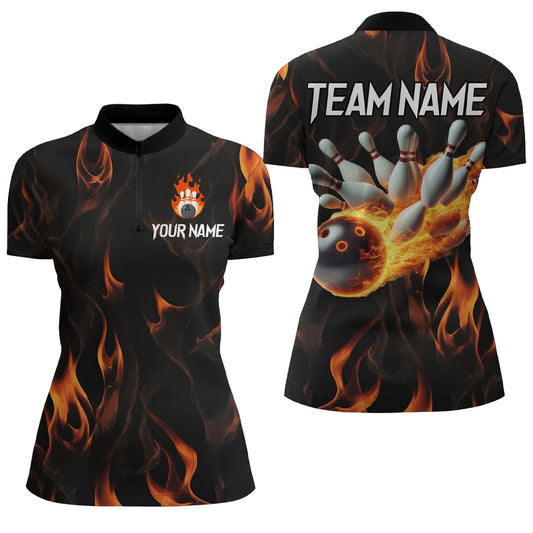 Custom Women Flame Bowling Shirts Bowling Team Jersey 1/4 Zip Bowling Peformance QZT479