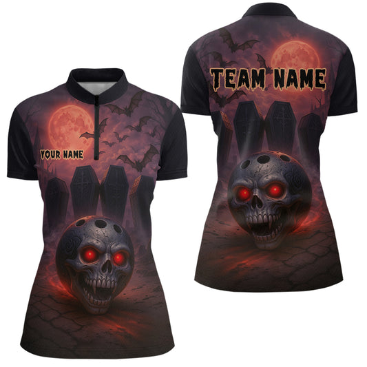 Custom Skull Bowling Team Shirt Vampire Bowling Jersey for Women Bowling Outfit Polo & 1/4 Zip QZT751
