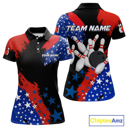 American Flag Bowling Shirt Personalized Patriotic Polo Bowling Team League Gift for Bowlers QZT691