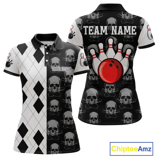 Black & White Bowling Shirt Custom Skull Polo Bowling Jersey Gift for Bowlers QZT693