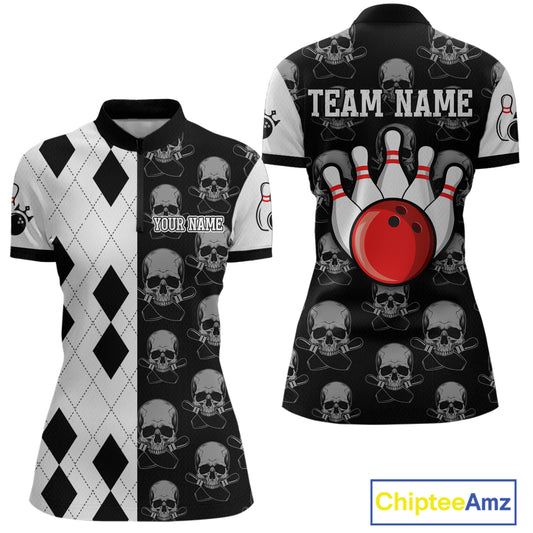 Black & White Bowling Shirt Custom Skull Quarter-Zip Bowling Jersey Gift for Bowlers QZT693