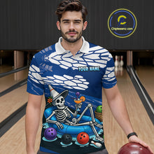 Load image into Gallery viewer, Custom Blue Funny Skull Bowling Team Shirt Polo &amp; Quarter-Zip Bowling League Jersey for Men QZT755