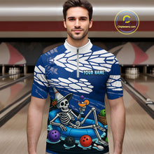 Load image into Gallery viewer, Custom Blue Funny Skull Bowling Team Shirt Polo &amp; Quarter-Zip Bowling League Jersey for Men QZT755