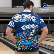 Load image into Gallery viewer, Custom Blue Funny Skull Bowling Team Shirt Polo &amp; Quarter-Zip Bowling League Jersey for Men QZT755