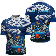Load image into Gallery viewer, Custom Blue Funny Skull Bowling Team Shirt Polo &amp; Quarter-Zip Bowling League Jersey for Men QZT755