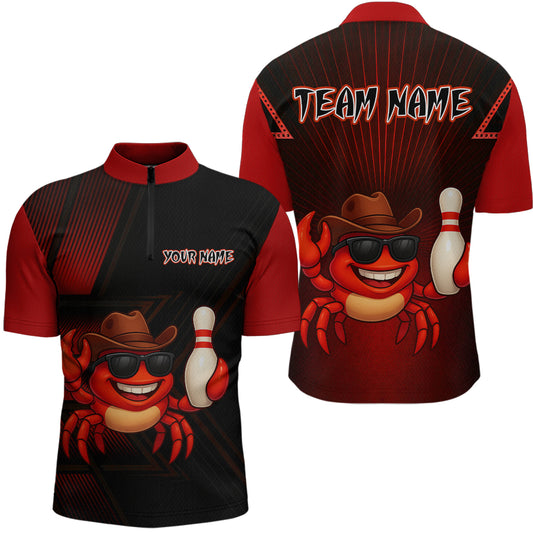 Custom Red Funny Crab Bowling Team Shirt Men Bowling Jersey Outfit Polo & 1/4-Zip Bowler Gift QZT757