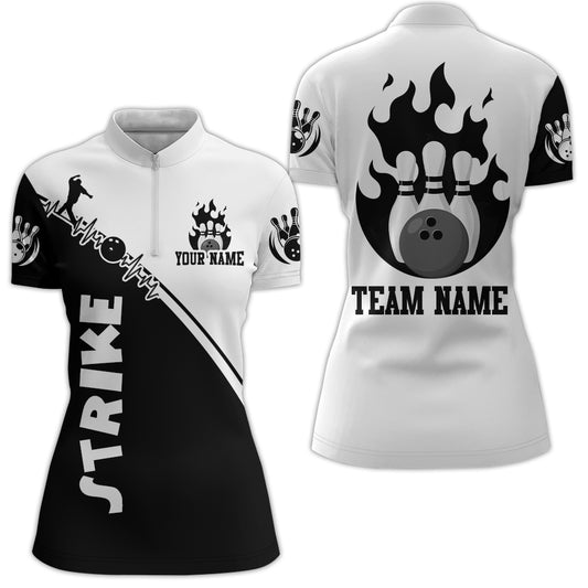 Black & White Bowling Shirt for Women Custom Bowling Team Jersey Bowling 1/4 Zip QZT84