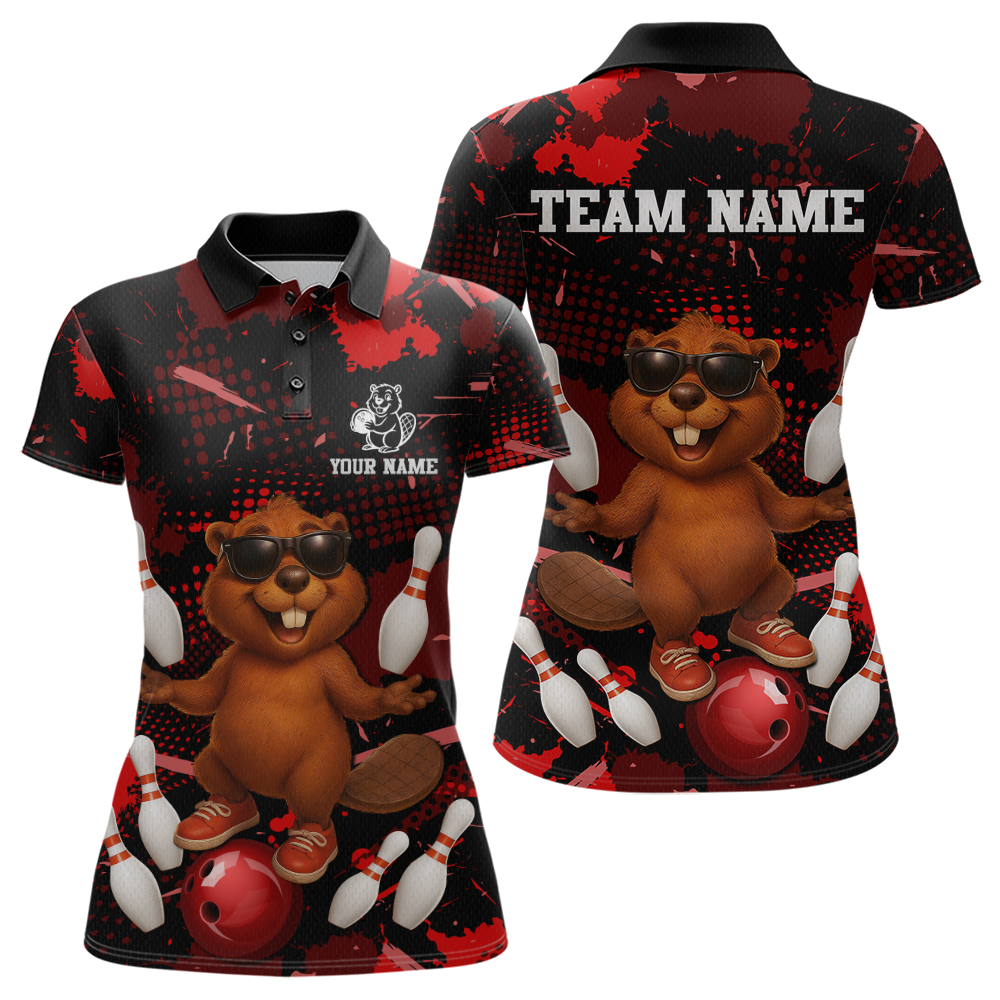 Custom Red Funny Beaver Bowling Team Shirt Women Bowling League Jersey Polo Bowling Outfit QZT764