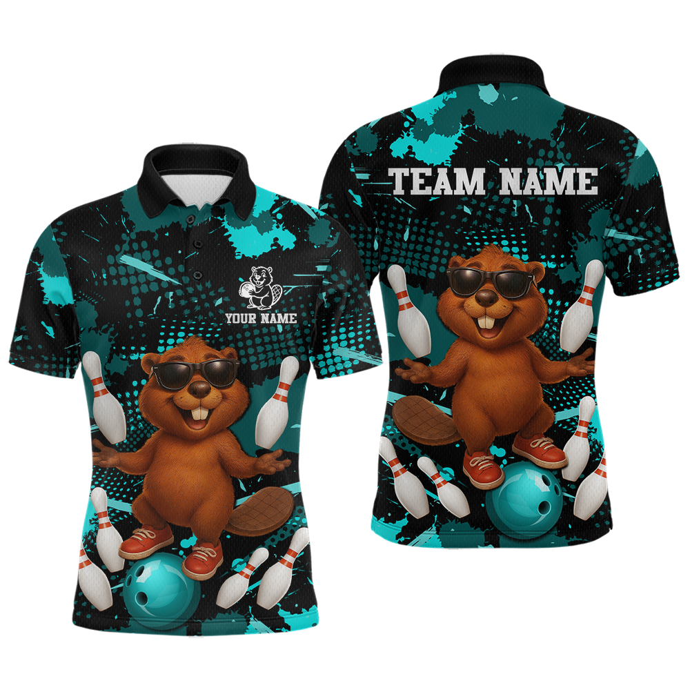 Custom Teal Funny Beaver Bowling Team Shirt Men Bowling League Jersey Polo Bowling Outfit QZT764