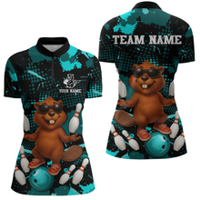 Load image into Gallery viewer, Custom Teal Funny Beaver Bowling Team Shirt Women Bowling League Jersey Polo Bowling Outfit QZT764