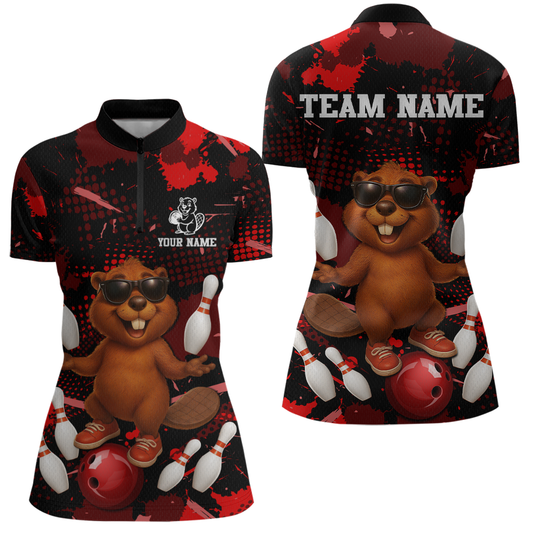 Custom Red Funny Beaver Bowling Team Shirt Women Bowling League Jersey Polo Bowling Outfit QZT764