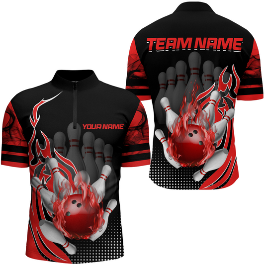 Personalized Flame Bowling Shirts Men Bowling Team League 1/4 Zip Bowling QZT410