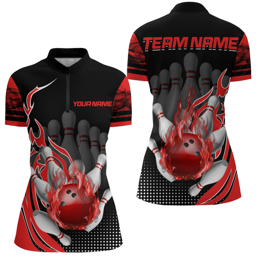 Personalized Flame Bowling Shirts Women Bowling Team League 1/4 Zip Bowling QZT410