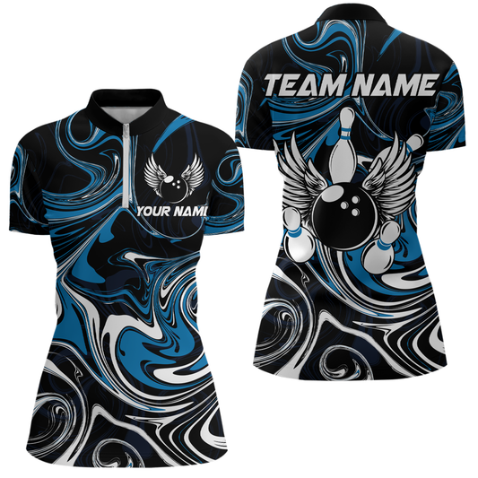 Personalized Bowling Shirt for Men and Women Bowling Team Jersey Blue 1/4 Zip Shirt QZT601